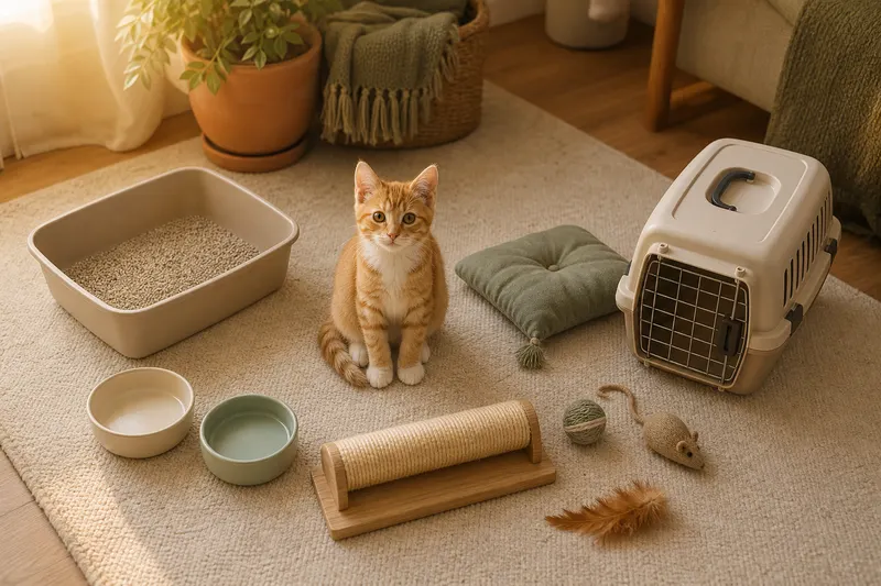 Chaton entouré de son équipement : litière, gamelles, griffoir, caisse