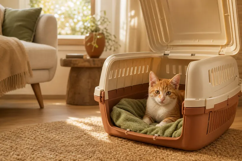 Chaton couché dans une caisse de transport ouverte