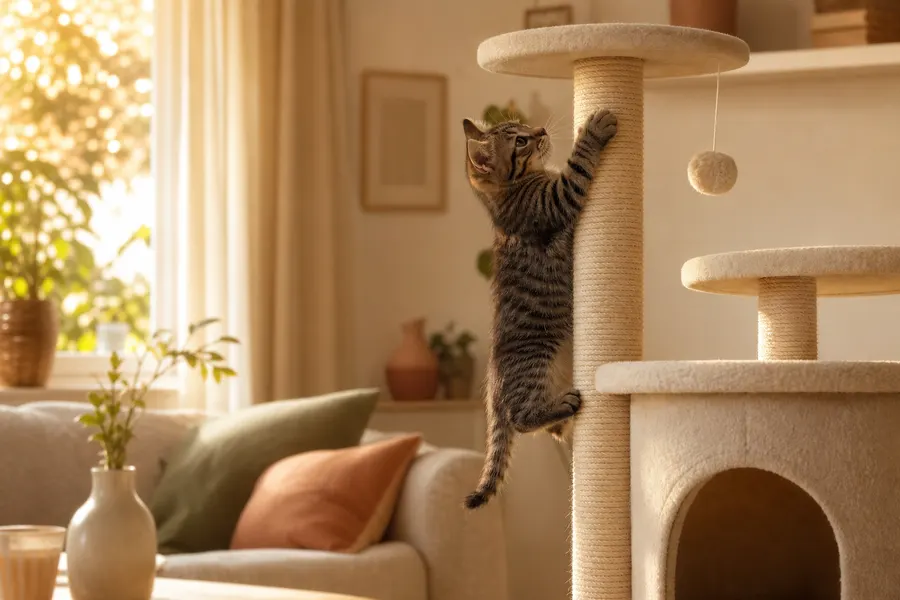 Chaton tigré qui grimpe le long d'un arbre à chat dans un salon lumineux