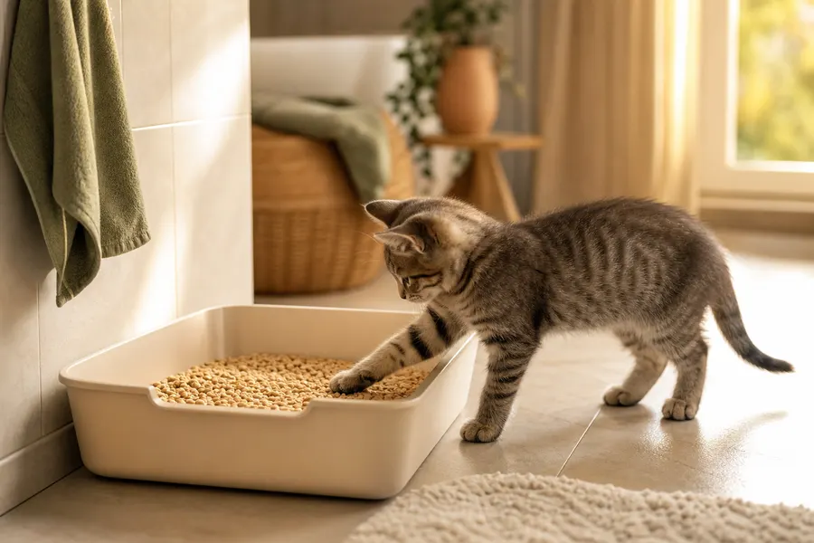 Chaton tigré gris qui pose une patte dans un bac à litière rempli de granulés de bois