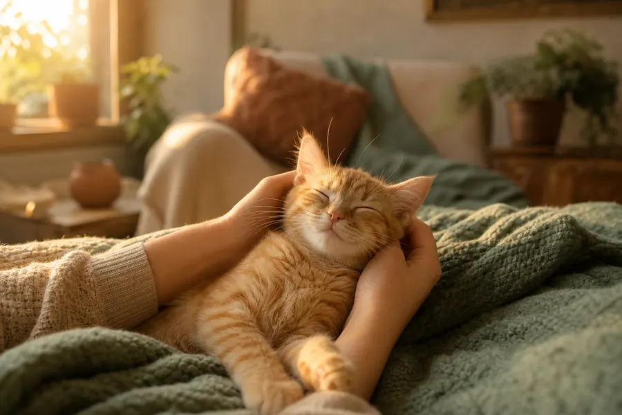 Chaton roux allongé sur le dos, les yeux mi-clos, caressé par une main sur un plaid vert