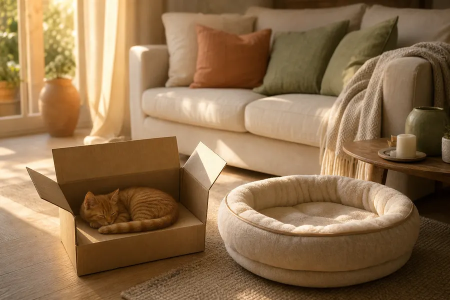 Chaton roux endormi en boule au fond d'un carton, à côté d'un couchage rond