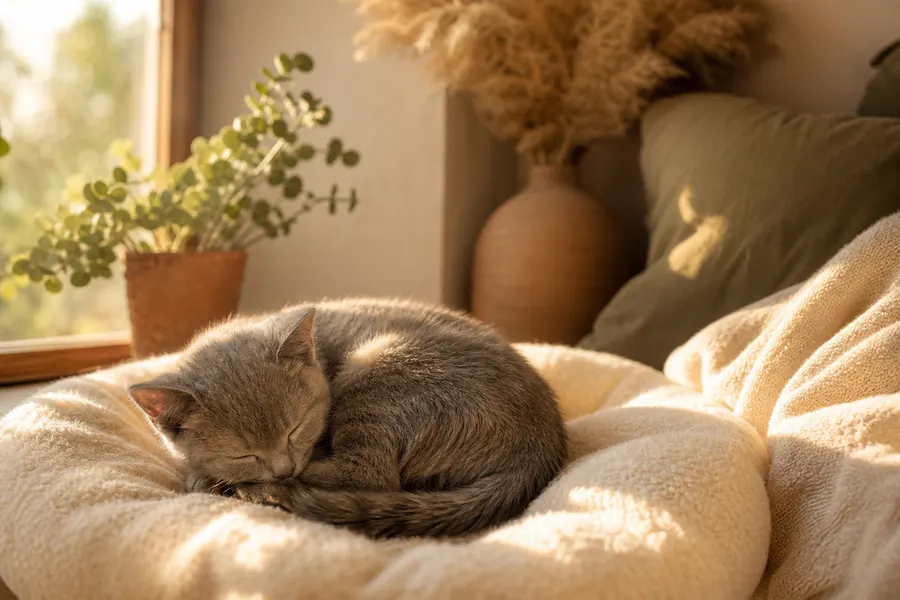 Chaton gris endormi en boule sur un coussin moelleux dans un coin calme