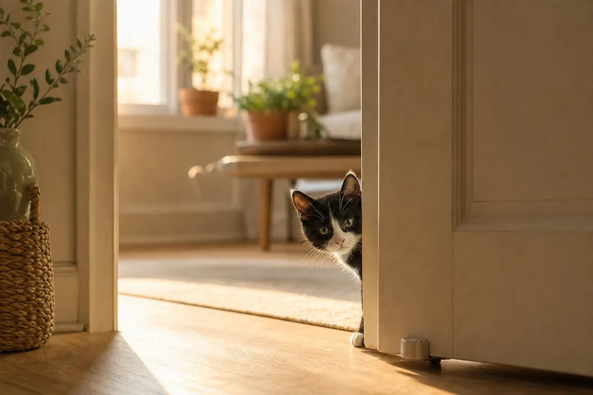 Chaton noir et blanc qui passe prudemment la tête derrière une porte