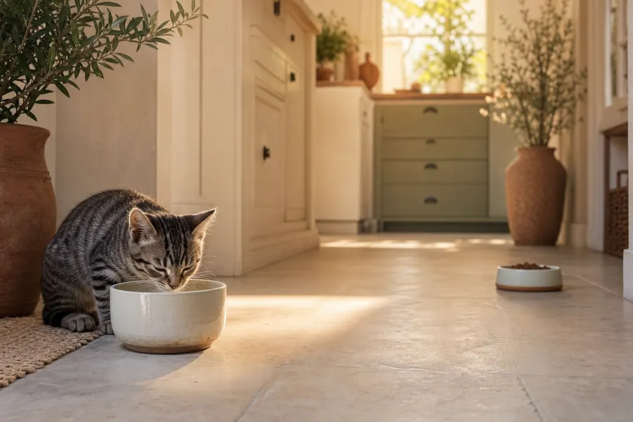 Chaton gris qui mange dans une gamelle, une seconde gamelle d'eau posée plus loin dans la cuisine