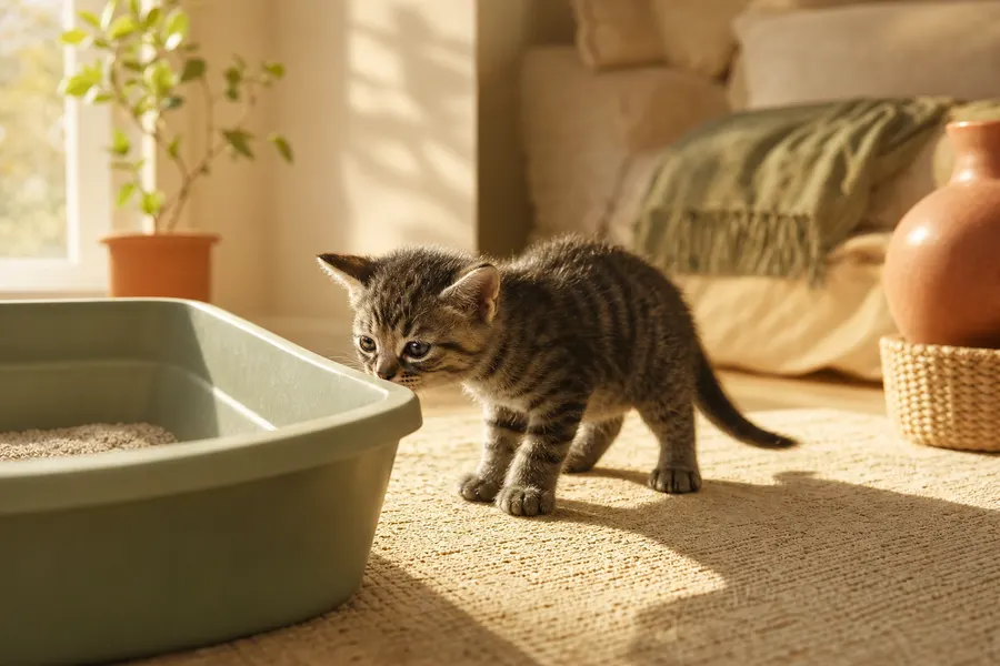 Chaton tigré qui explore une nouvelle pièce, près d'un bac à litière