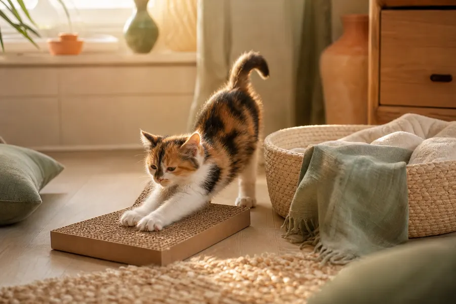 Chaton tricolore qui s'étire et griffe un griffoir plat en carton à côté de son panier