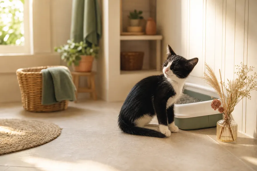 Chaton noir et blanc qui détourne la tête d'un bac à litière posé à côté d'un diffuseur de parfum