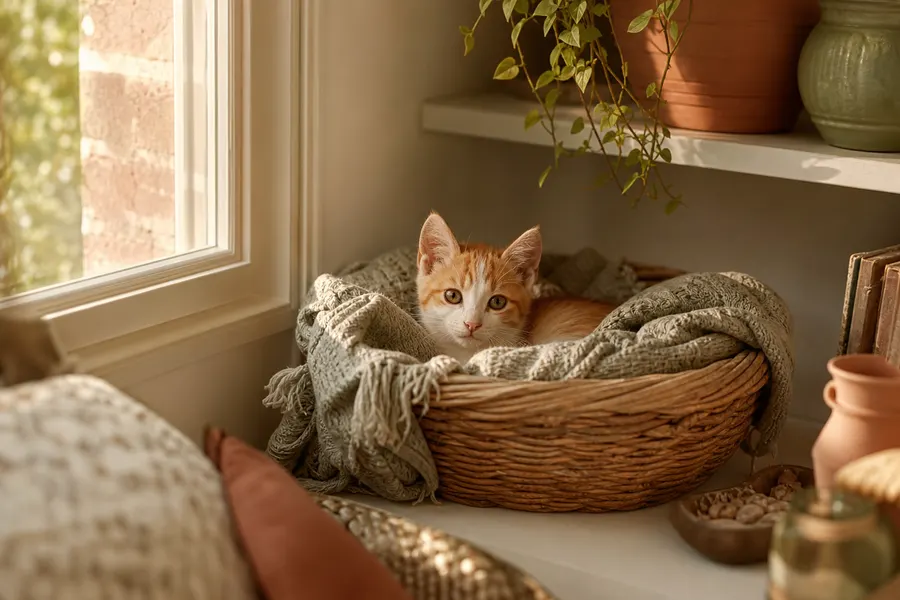 Chaton roux et blanc blotti dans un panier en osier garni d'un plaid, près d'une fenêtre