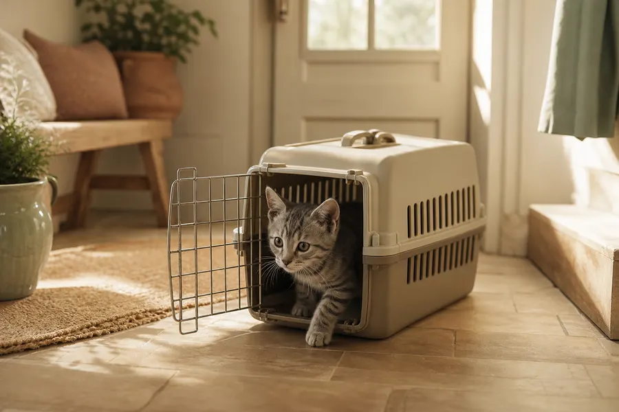Chaton tigré qui sort prudemment d'une caisse de transport ouverte