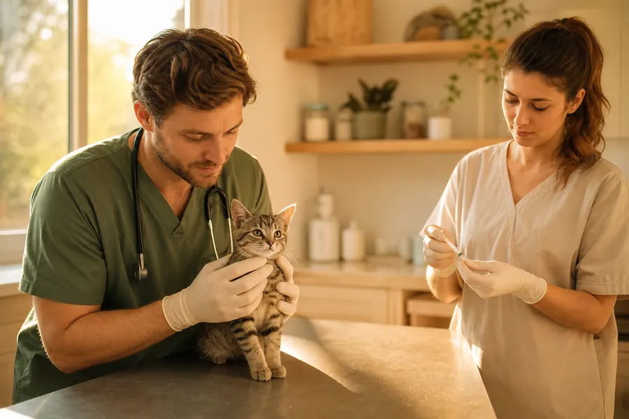 Chaton tigré examiné par une vétérinaire et son assistant