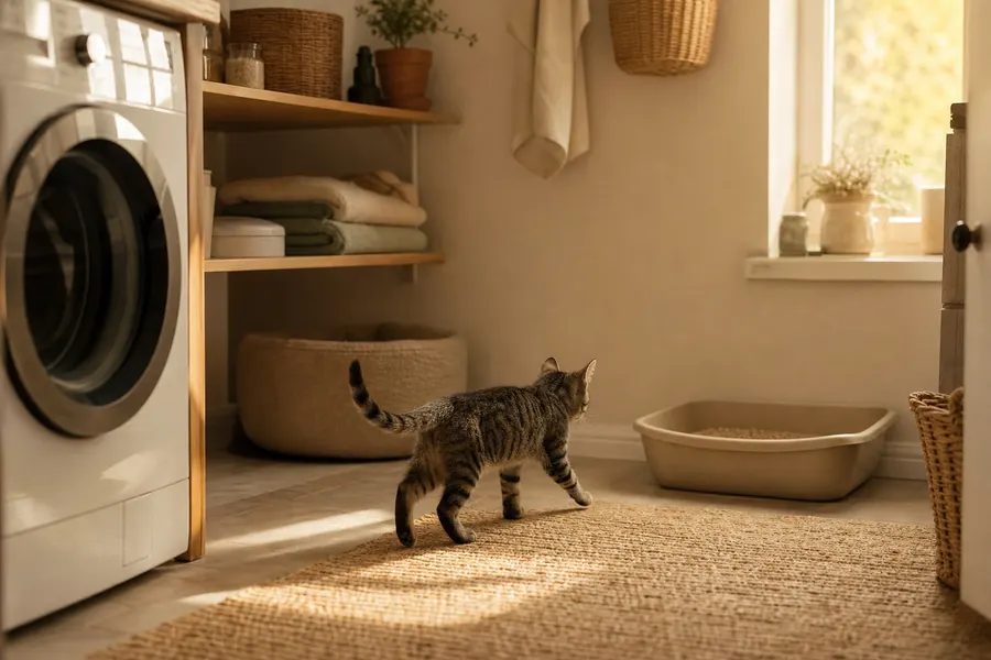 Chaton tigré qui passe devant un bac à litière installé à côté d'une machine à laver