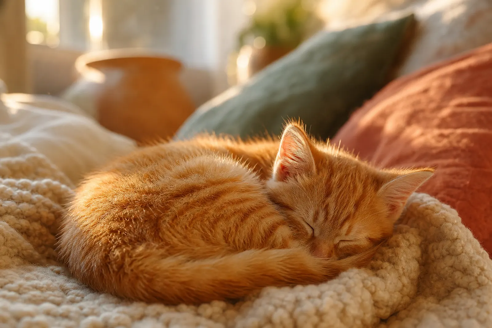 Chaton roux endormi sur un plaid crème, au soleil