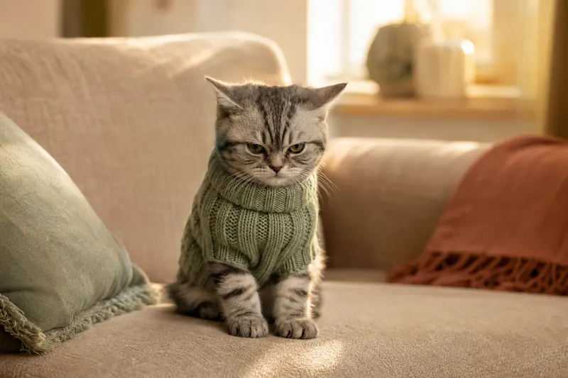 Chaton tigré gris en pull vert assis sur un canapé